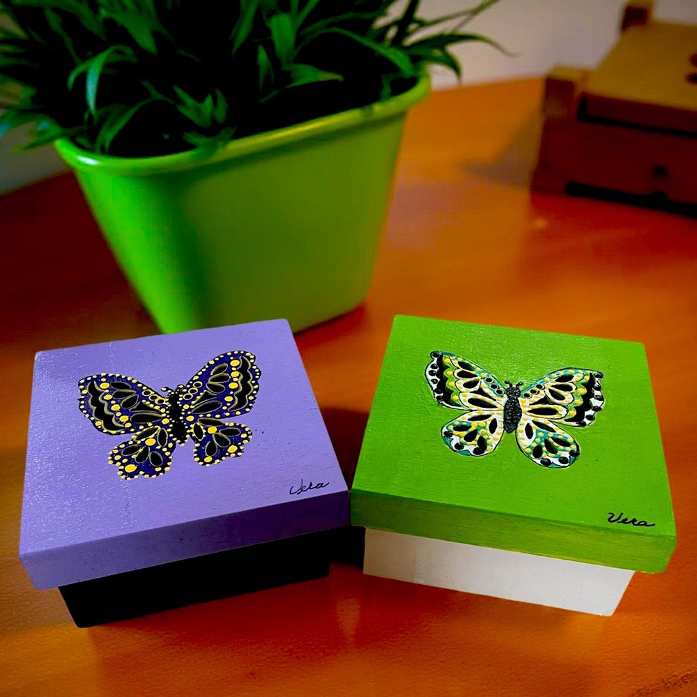Handcrafted painted Wooden Boxes butterflies Set of 2 dotted purple green black